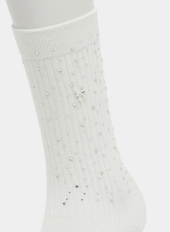 Styli Pack of 2 - Embellished Ribbed Crew Socks